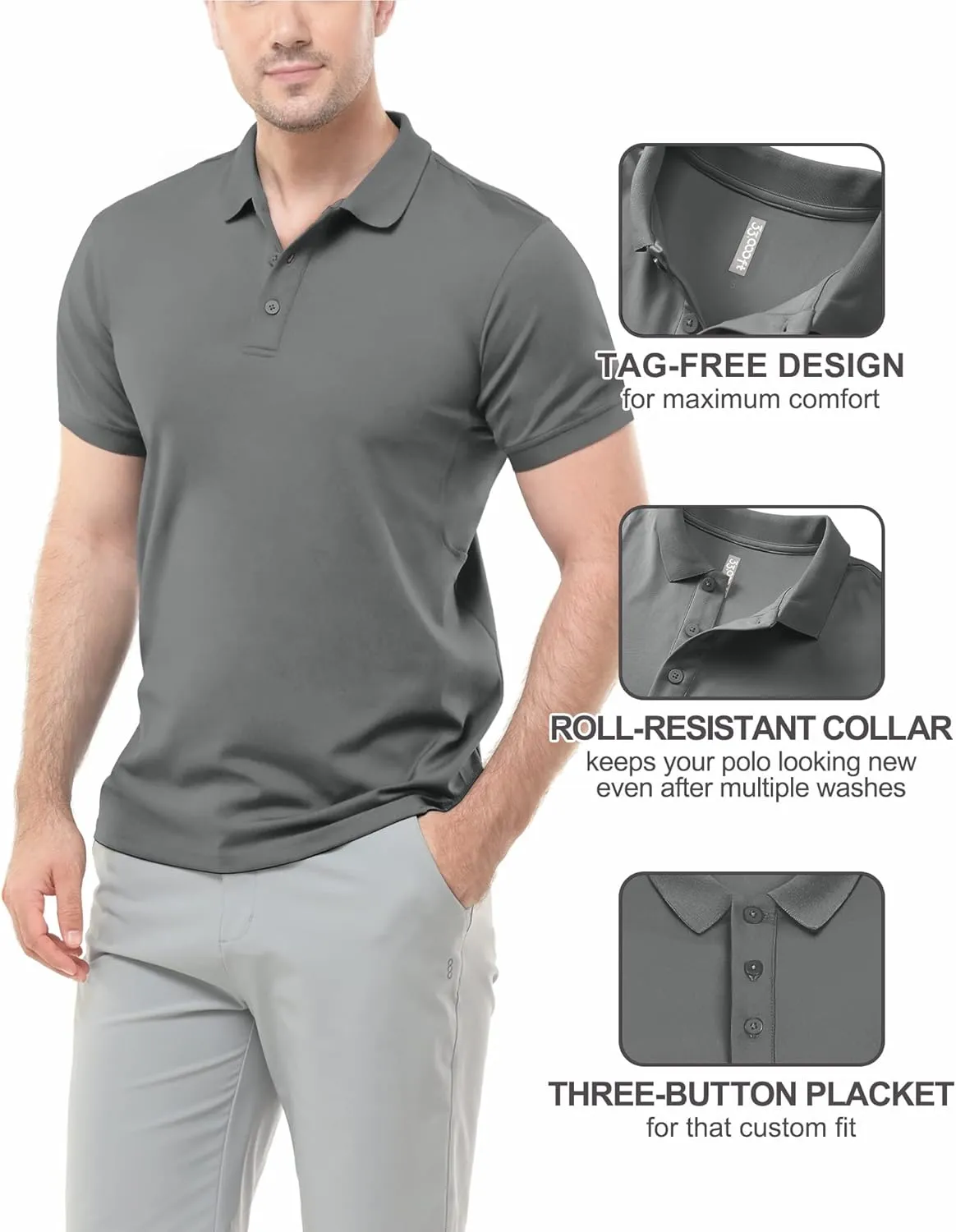 33,000ft Men's Golf Polo Shirts Short Sleeve Dry Fit Casual Workout Sports Athletic Tennis Performance Collared T-Shirt