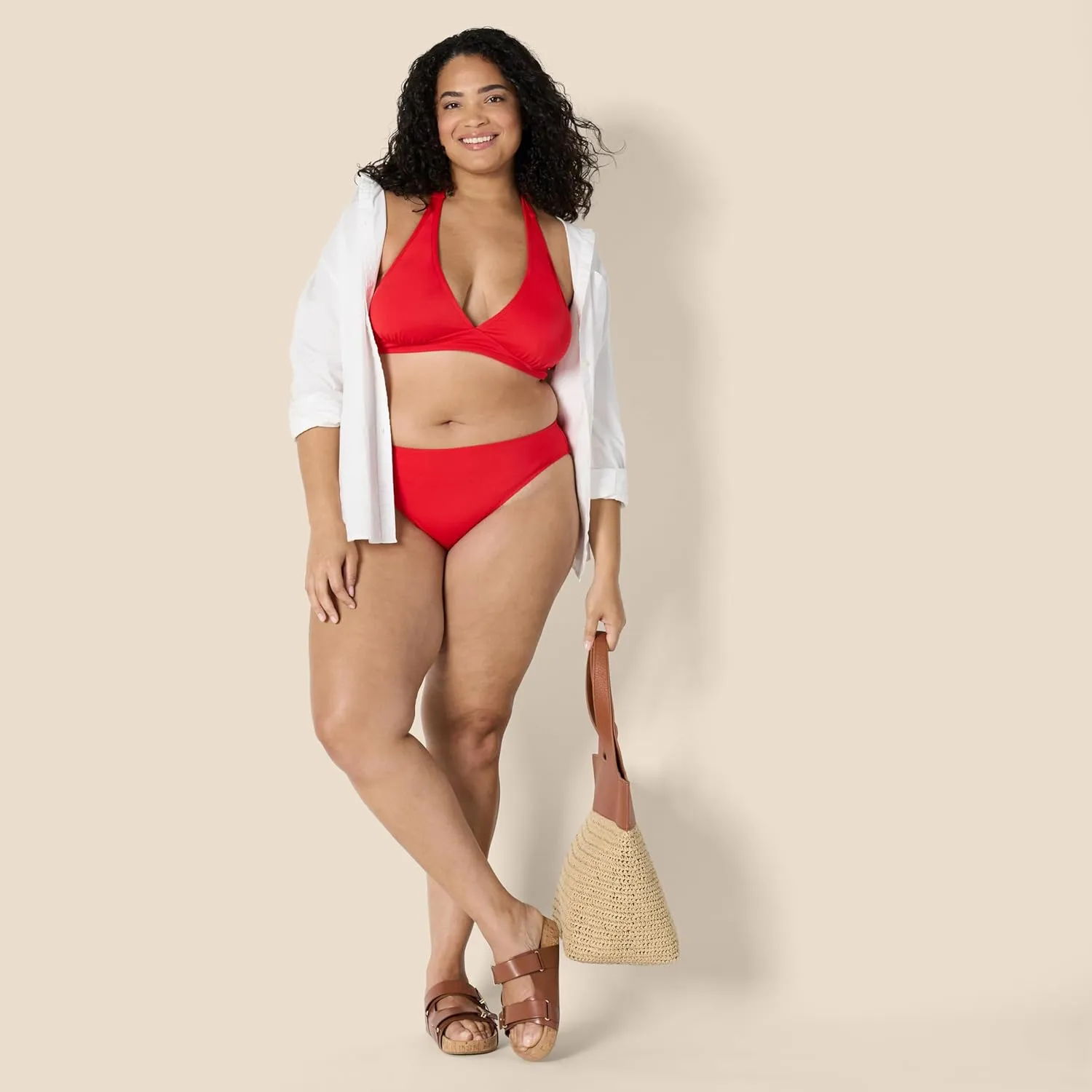 Amazon Essentials Women's Light-Support Tie Halter Bikini Swimsuit Top (Available in Plus Size)