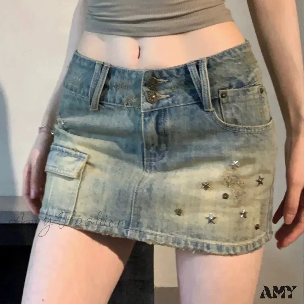 American Retro Rivet Pockets Denim Summer High Waist Vintage Fashion A-Line Skirt