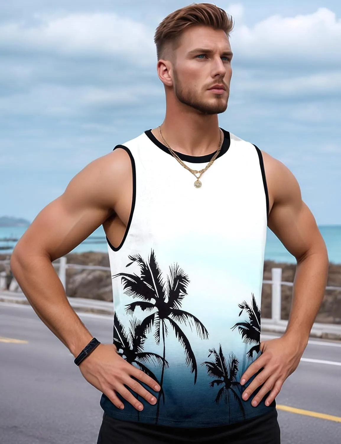 Arssm Men Beach Tank Tops Summer Hawaiian Graphic Sleeveless Shirts Palm Tree Muscle Gym Tank Top