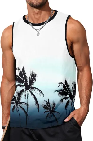 Arssm Men Beach Tank Tops Summer Hawaiian Graphic Sleeveless Shirts Palm Tree Muscle Gym Tank Top
