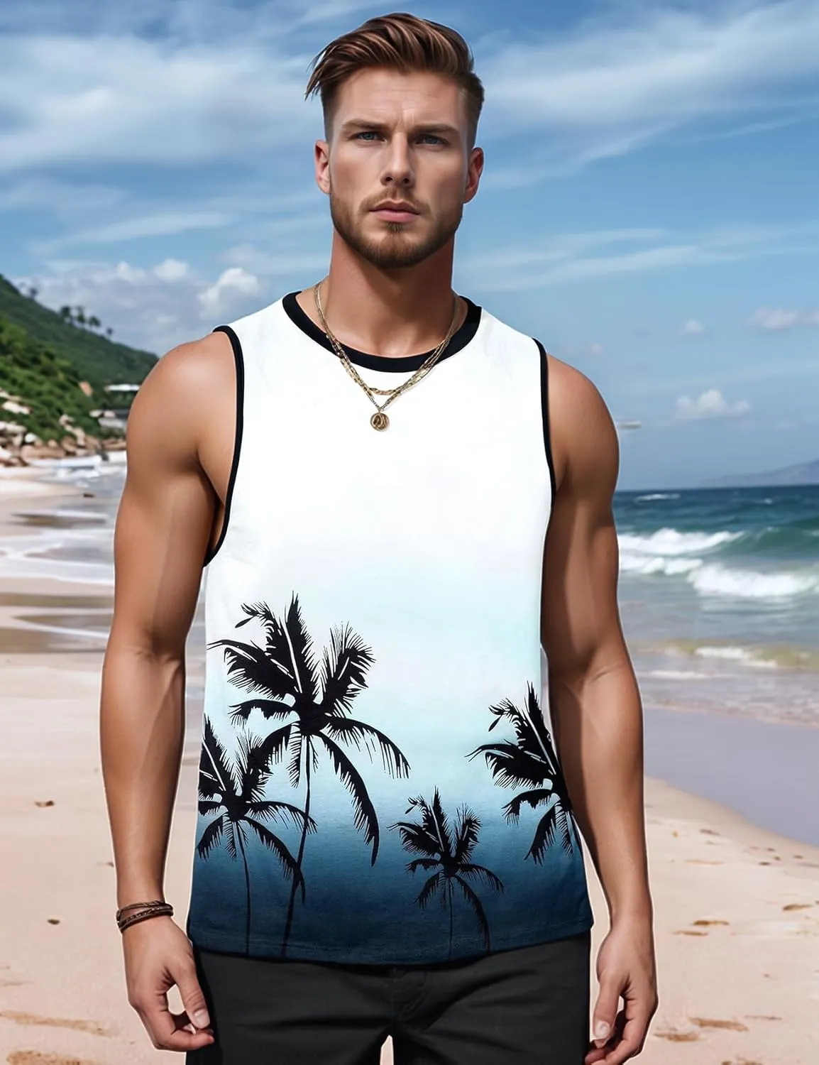 Arssm Men Beach Tank Tops Summer Hawaiian Graphic Sleeveless Shirts Palm Tree Muscle Gym Tank Top