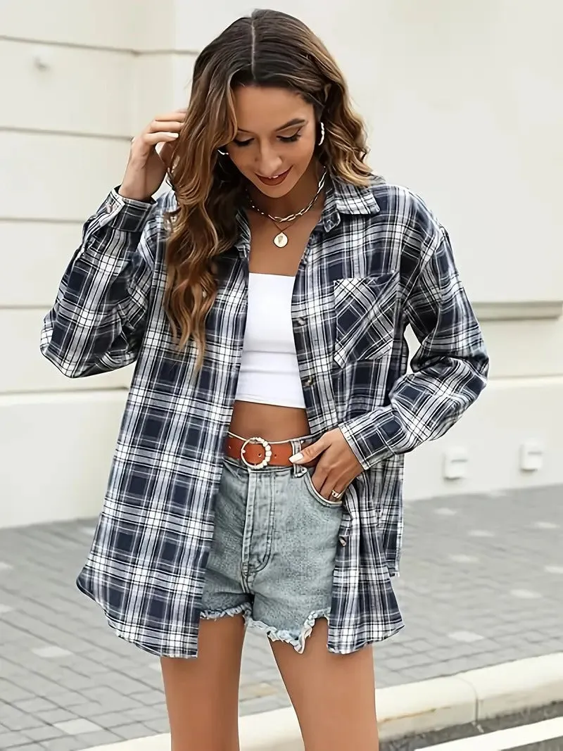 Ashley Plaid Flannel Shacket  Cozy Button-Up with Pockets