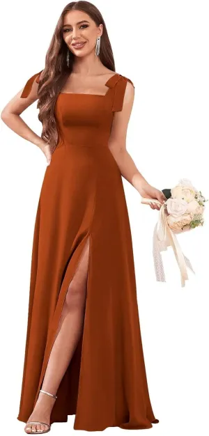 AUMEELAM Chiffon Bow Straps Bridesmaid Dresses for Wedding Square Neck Long A Line Flowy Formal Wedding Guest Dresses