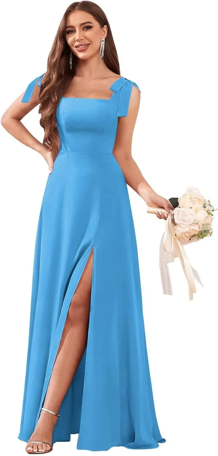 AUMEELAM Chiffon Bow Straps Bridesmaid Dresses for Wedding Square Neck Long A Line Flowy Formal Wedding Guest Dresses