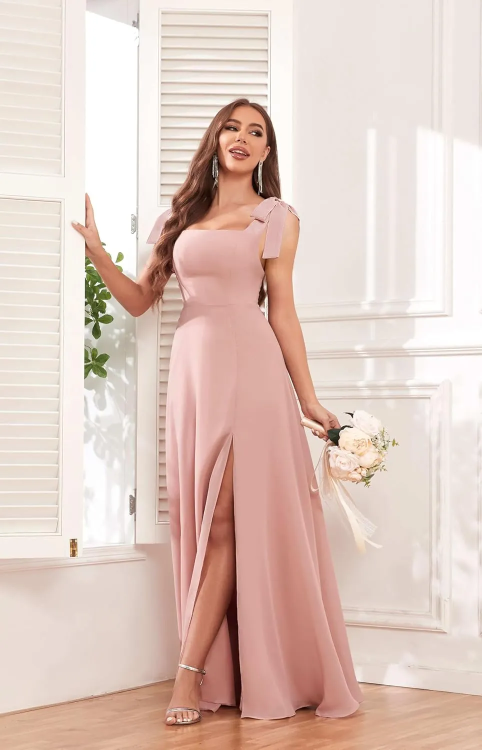 AUMEELAM Chiffon Bow Straps Bridesmaid Dresses for Wedding Square Neck Long A Line Flowy Formal Wedding Guest Dresses