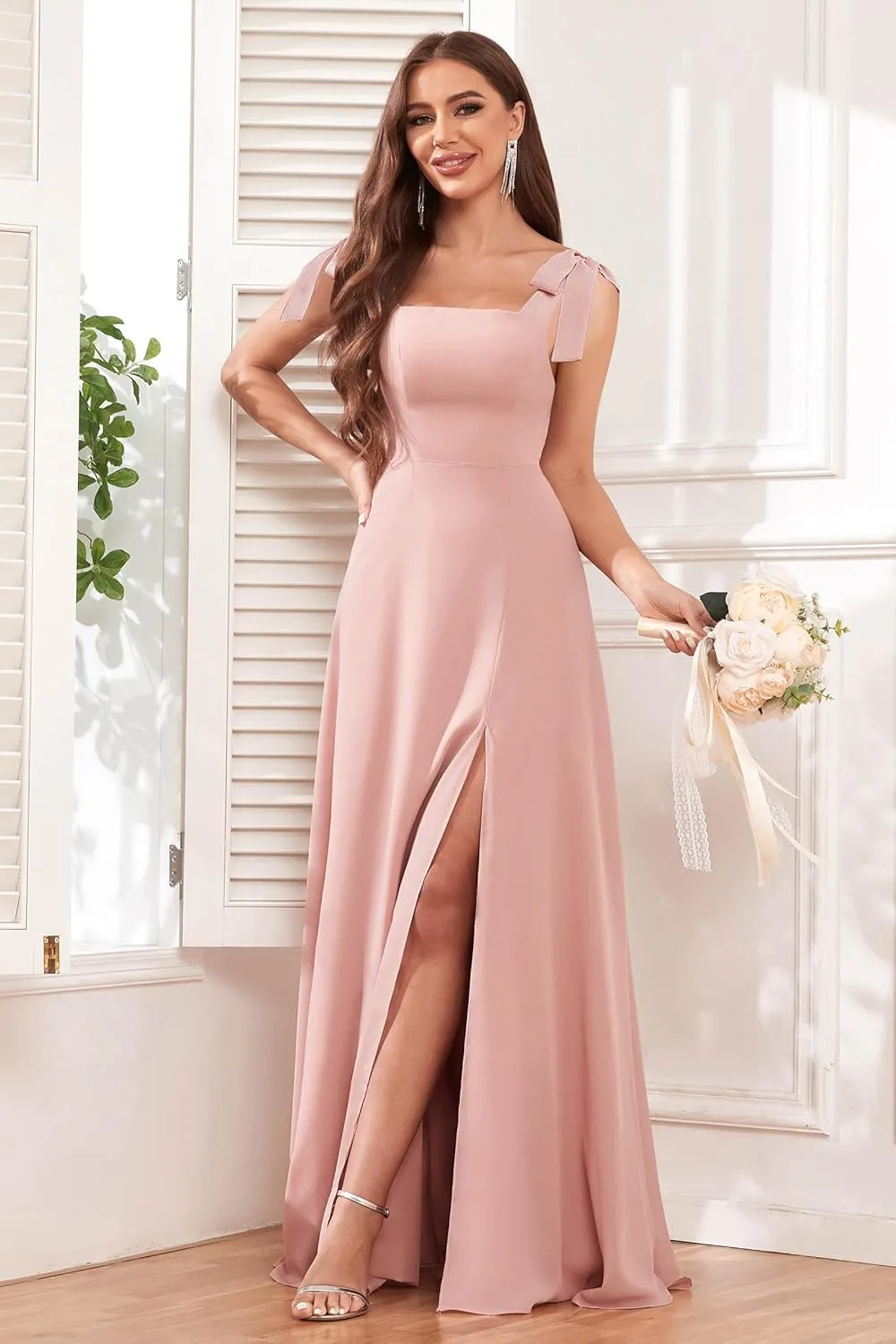 AUMEELAM Chiffon Bow Straps Bridesmaid Dresses for Wedding Square Neck Long A Line Flowy Formal Wedding Guest Dresses