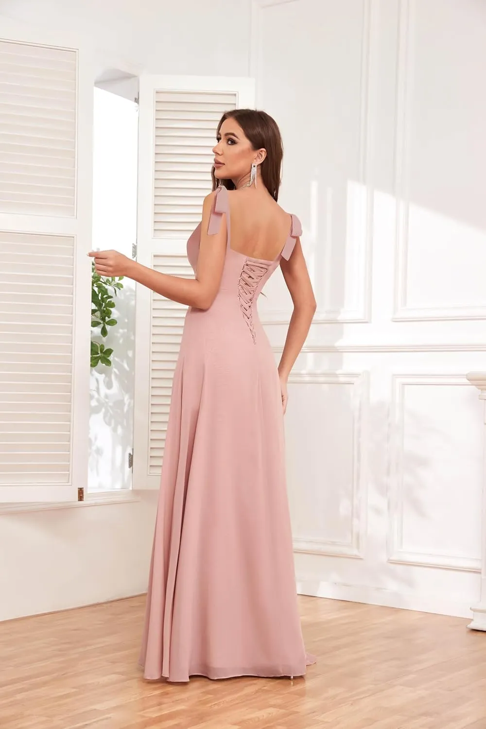 AUMEELAM Chiffon Bow Straps Bridesmaid Dresses for Wedding Square Neck Long A Line Flowy Formal Wedding Guest Dresses