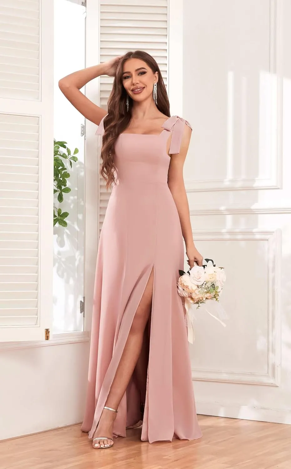 AUMEELAM Chiffon Bow Straps Bridesmaid Dresses for Wedding Square Neck Long A Line Flowy Formal Wedding Guest Dresses