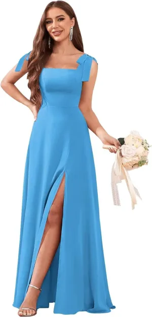 AUMEELAM Chiffon Bow Straps Bridesmaid Dresses for Wedding Square Neck Long A Line Flowy Formal Wedding Guest Dresses