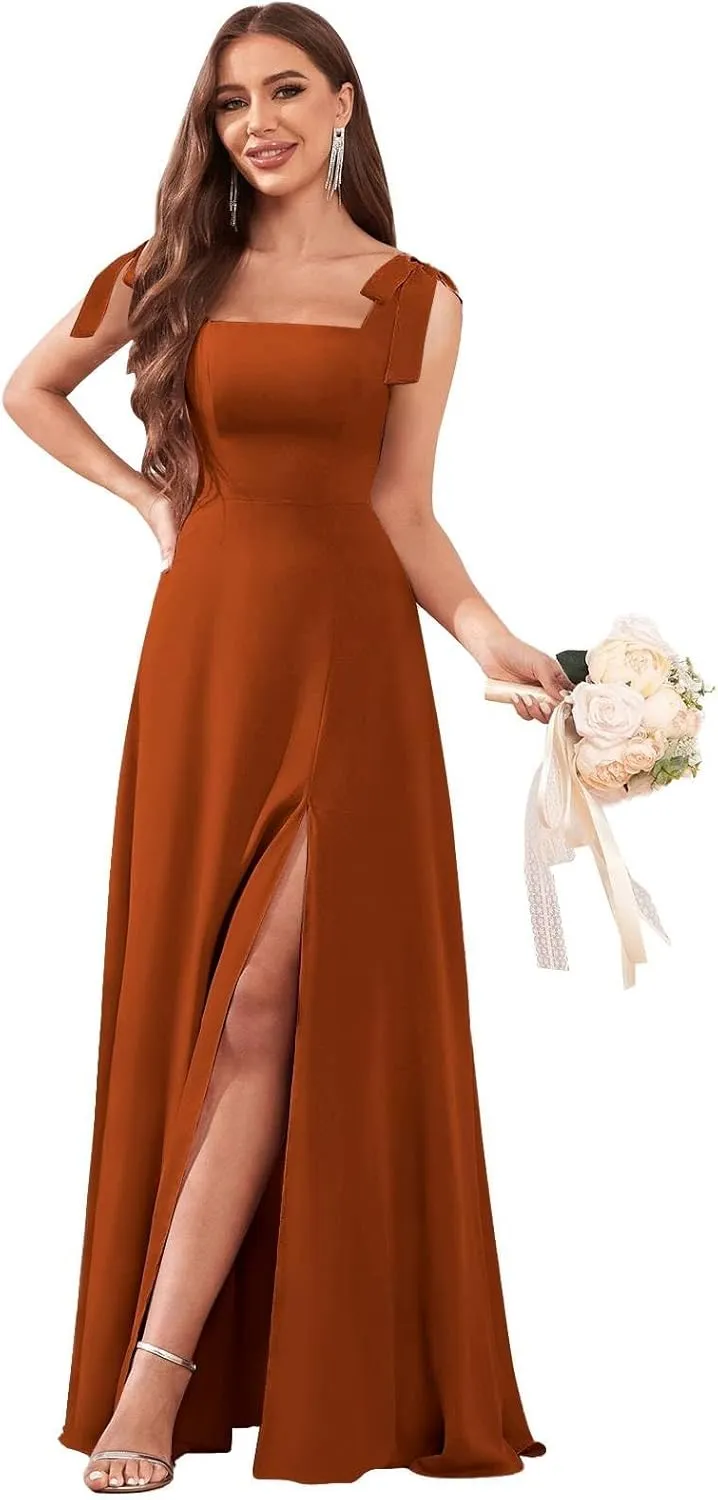AUMEELAM Chiffon Bow Straps Bridesmaid Dresses for Wedding Square Neck Long A Line Flowy Formal Wedding Guest Dresses