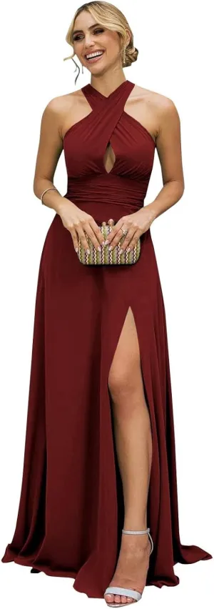 AUMEELAM Womens Halter Bridesmaid Dresses Chiffon Long Sleeveless Formal Dresses for Women Hollow Out Evening Gowns