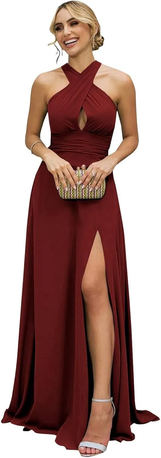 AUMEELAM Womens Halter Bridesmaid Dresses Chiffon Long Sleeveless Formal Dresses for Women Hollow Out Evening Gowns
