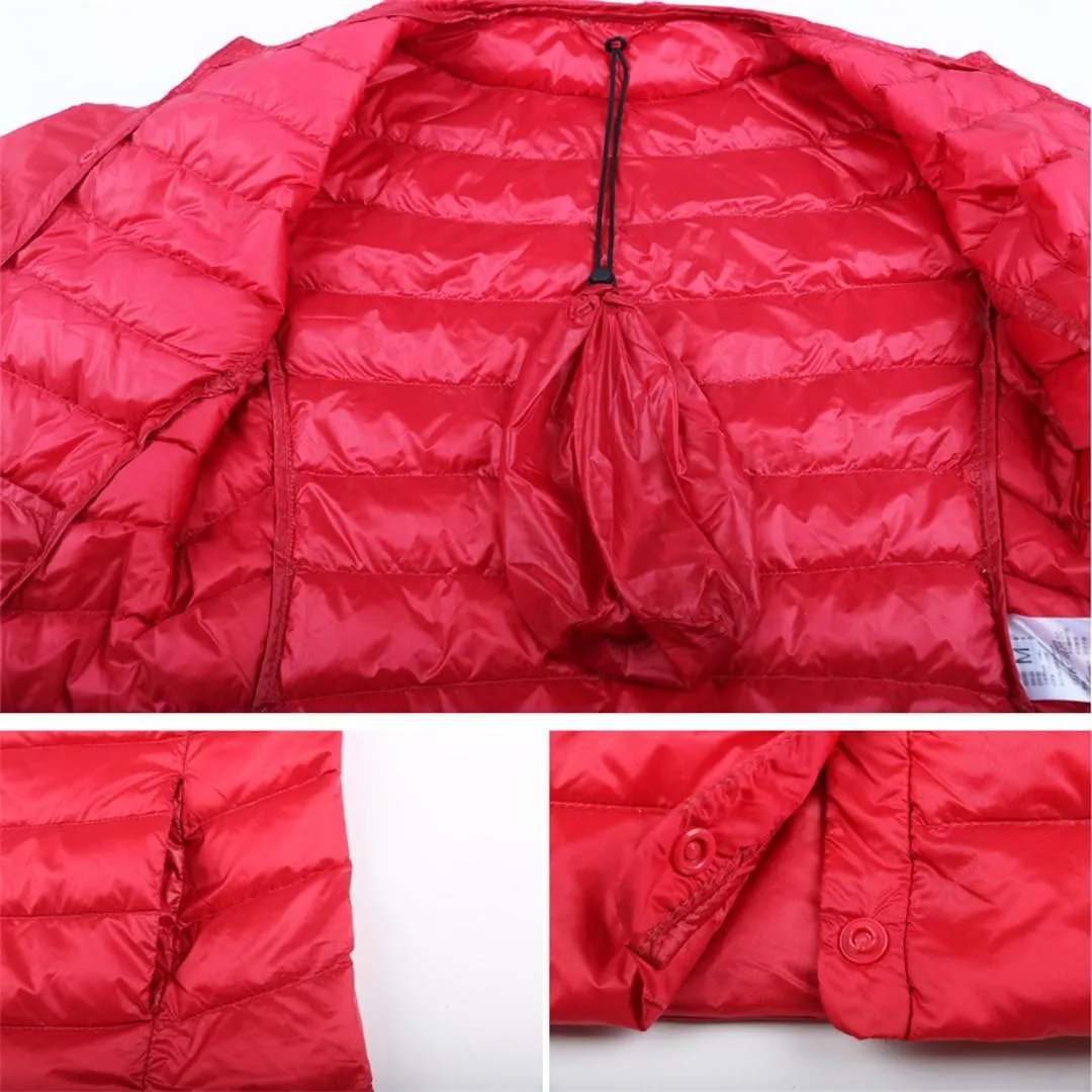 Autumn Spring Ultra Light Down Jacket Women White Duck Down Coat Collarless Warm