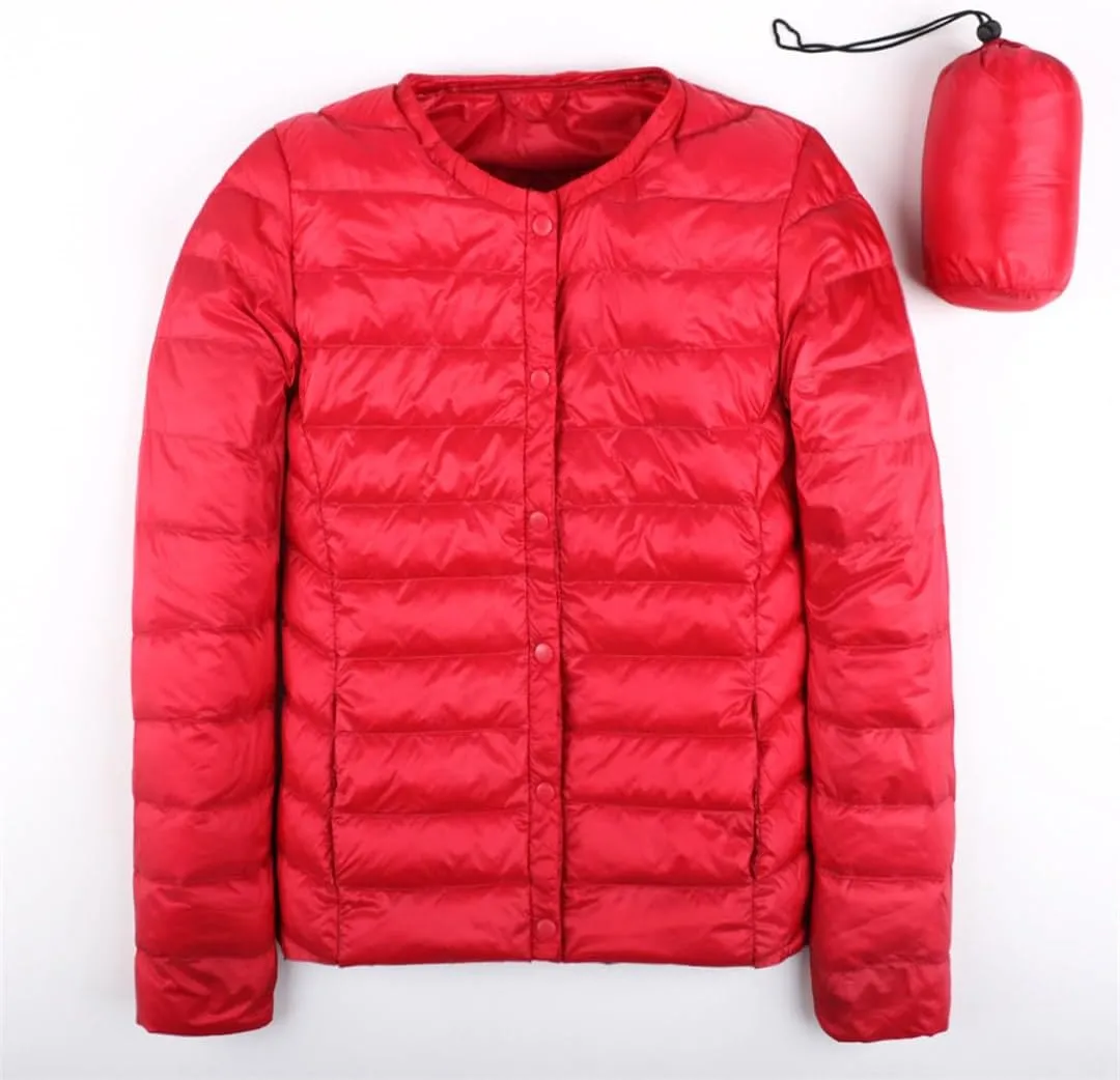 Autumn Spring Ultra Light Down Jacket Women White Duck Down Coat Collarless Warm