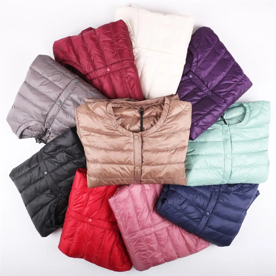 Autumn Spring Ultra Light Down Jacket Women White Duck Down Coat Collarless Warm