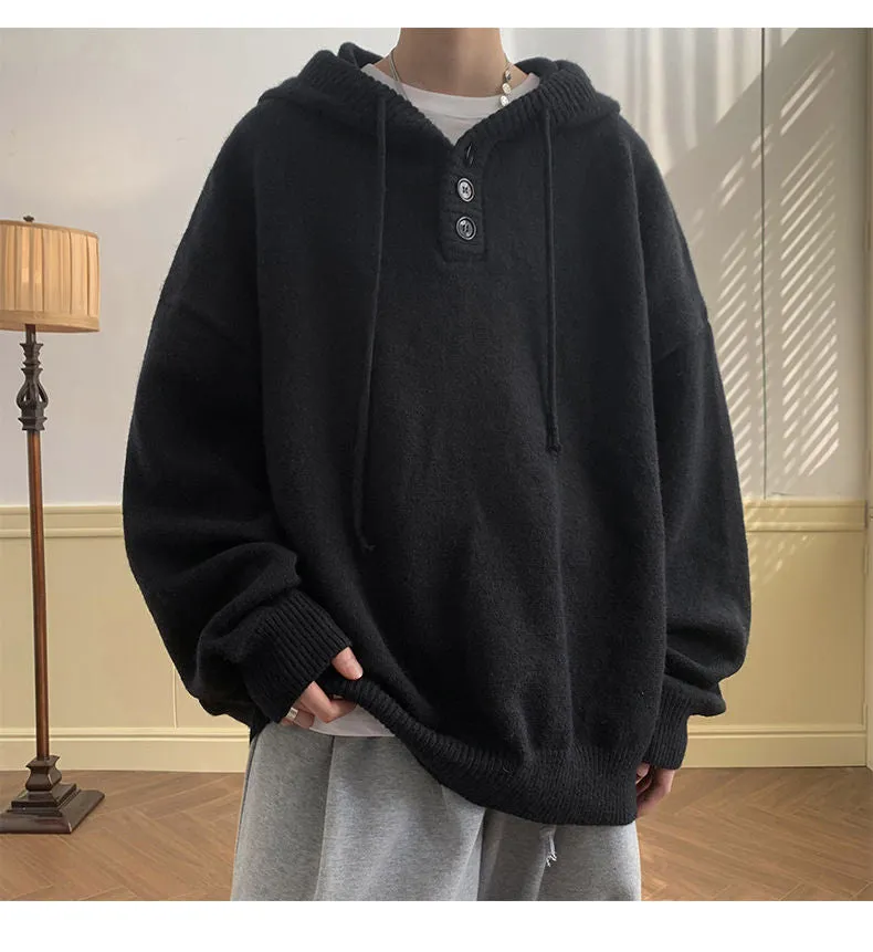 Autumn Winter Fashion Casual Men's Loose Cool Boys Soft Solid Pullover Sweater Hoodie Bandage