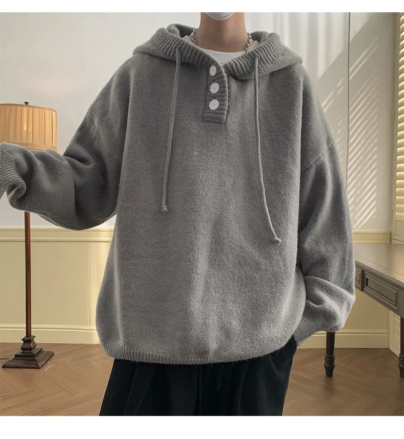 Autumn Winter Fashion Casual Men's Loose Cool Boys Soft Solid Pullover Sweater Hoodie Bandage