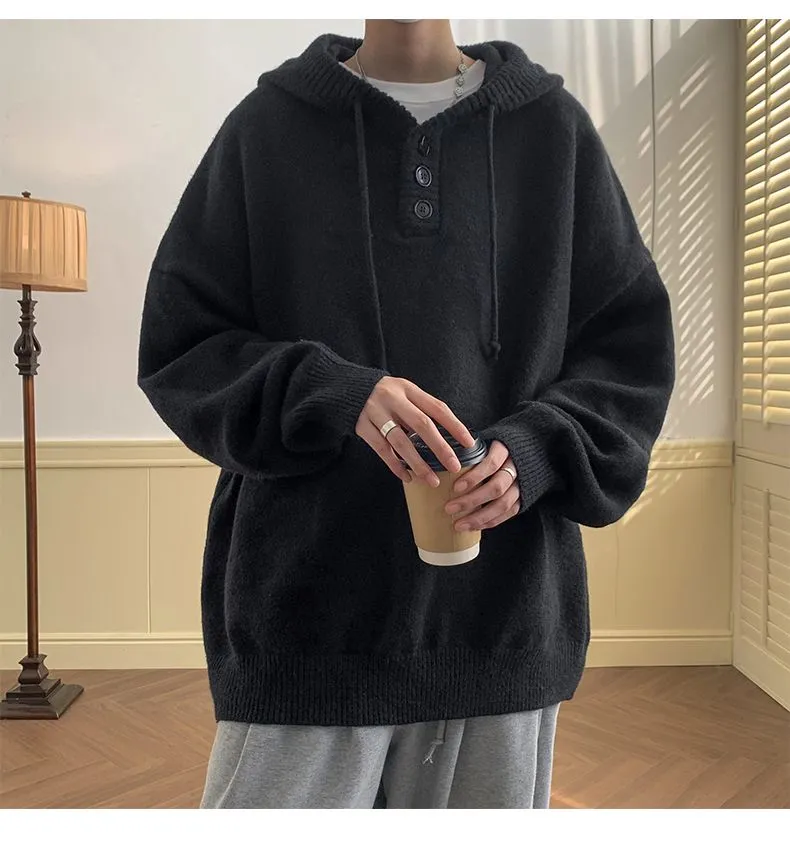 Autumn Winter Fashion Casual Men's Loose Cool Boys Soft Solid Pullover Sweater Hoodie Bandage