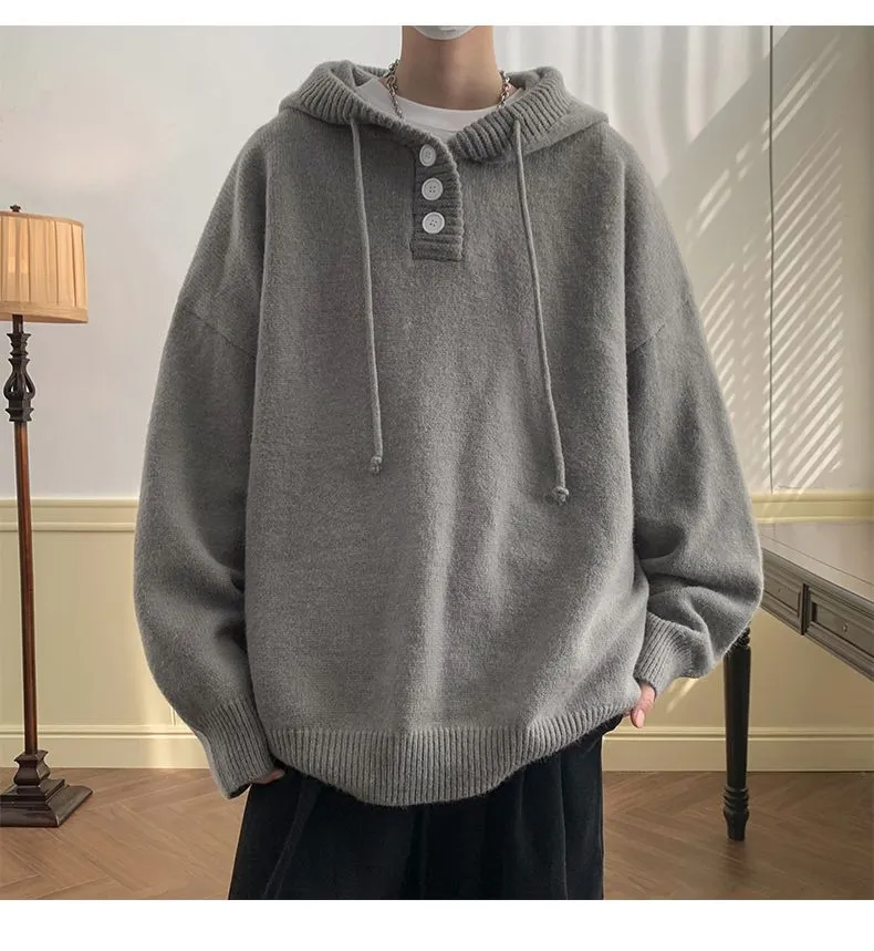 Autumn Winter Fashion Casual Men's Loose Cool Boys Soft Solid Pullover Sweater Hoodie Bandage