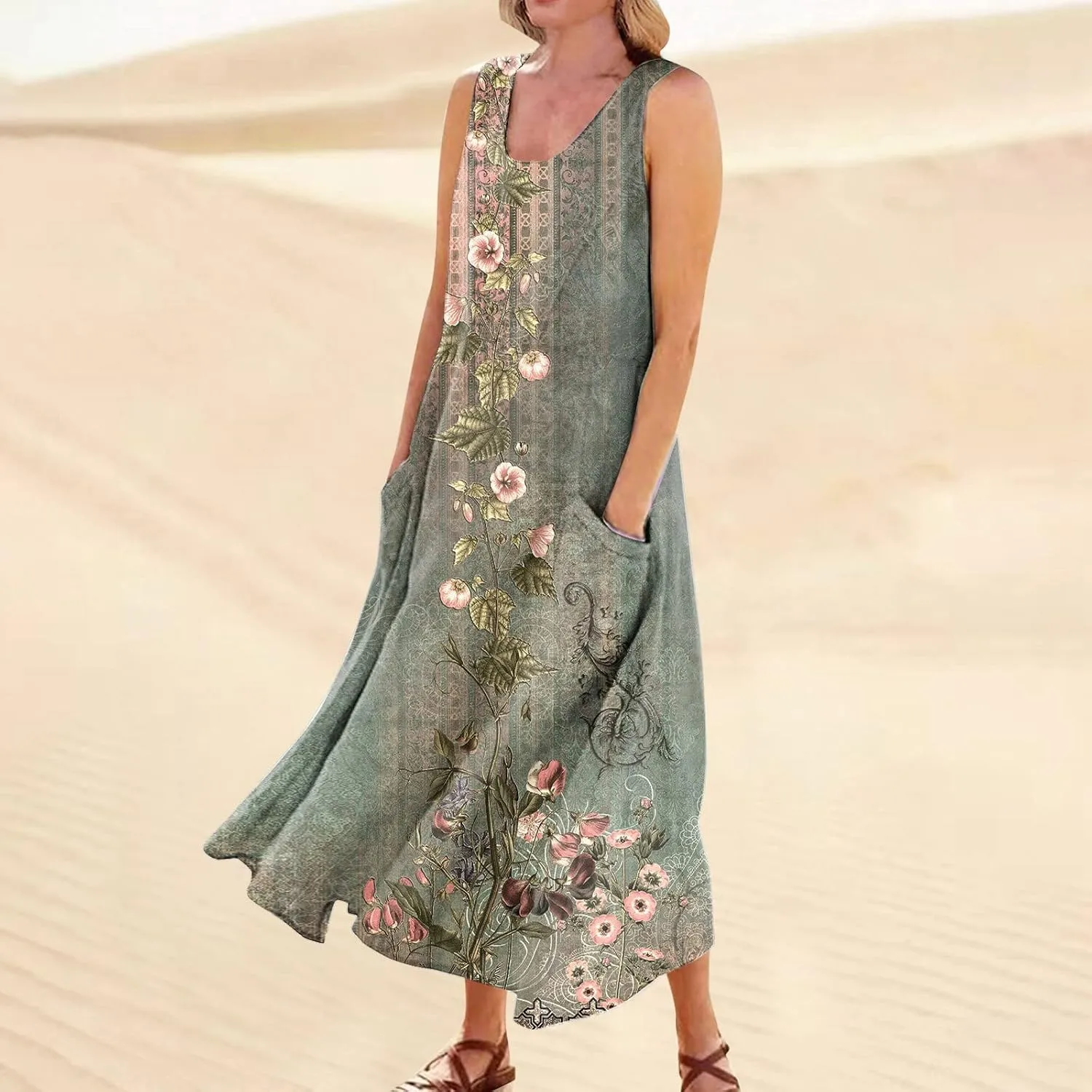 Beach Vacation Clothes for Women Casual Summer 2025 Sleeveless Flared Maxi Dress Low Neck Sundresses with Pockets