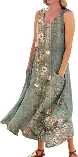 Beach Vacation Clothes for Women Casual Summer 2025 Sleeveless Flared Maxi Dress Low Neck Sundresses with Pockets