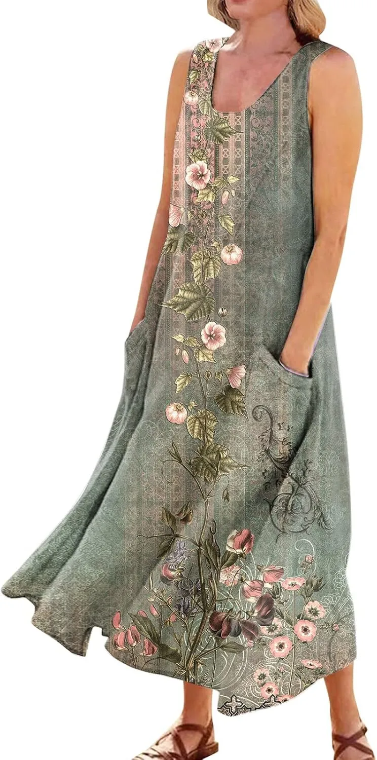 Beach Vacation Clothes for Women Casual Summer 2025 Sleeveless Flared Maxi Dress Low Neck Sundresses with Pockets
