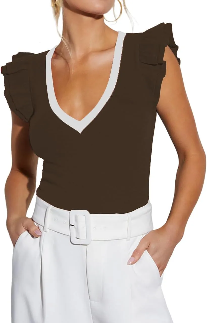 BONITEE Women Summer Ruffle Tops Sexy Deep V Neck Short Sleeve Shirts Trendy Casual Ribbed Slim Fitted Knit Tees Blouse