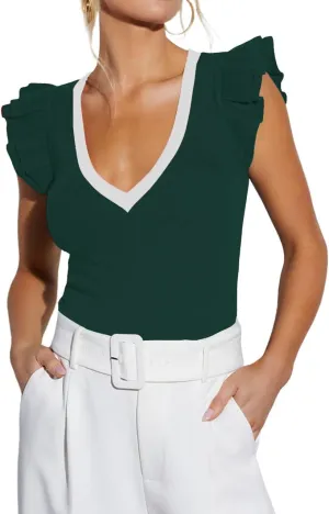 BONITEE Women Summer Ruffle Tops Sexy Deep V Neck Short Sleeve Shirts Trendy Casual Ribbed Slim Fitted Knit Tees Blouse