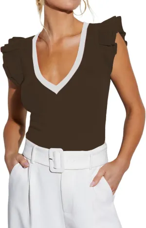 BONITEE Women Summer Ruffle Tops Sexy Deep V Neck Short Sleeve Shirts Trendy Casual Ribbed Slim Fitted Knit Tees Blouse