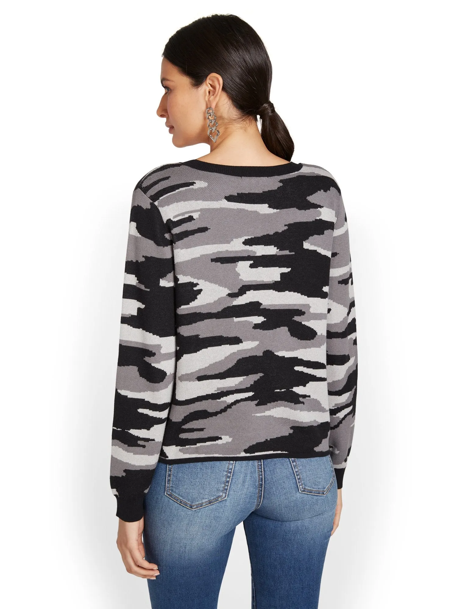 Camo-Print Asymmetrical Zip-Detail Pullover Sweater