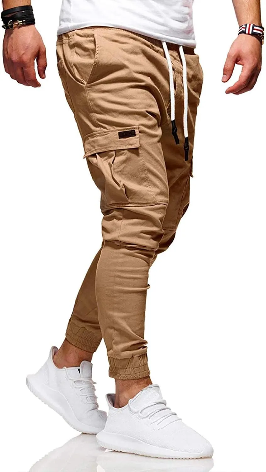 Cargo Pants for Men Drawstring Elastic Waist Casual Sweatpants Slim Fit Athletic Joggers Pants Outdoor Sports Trousers