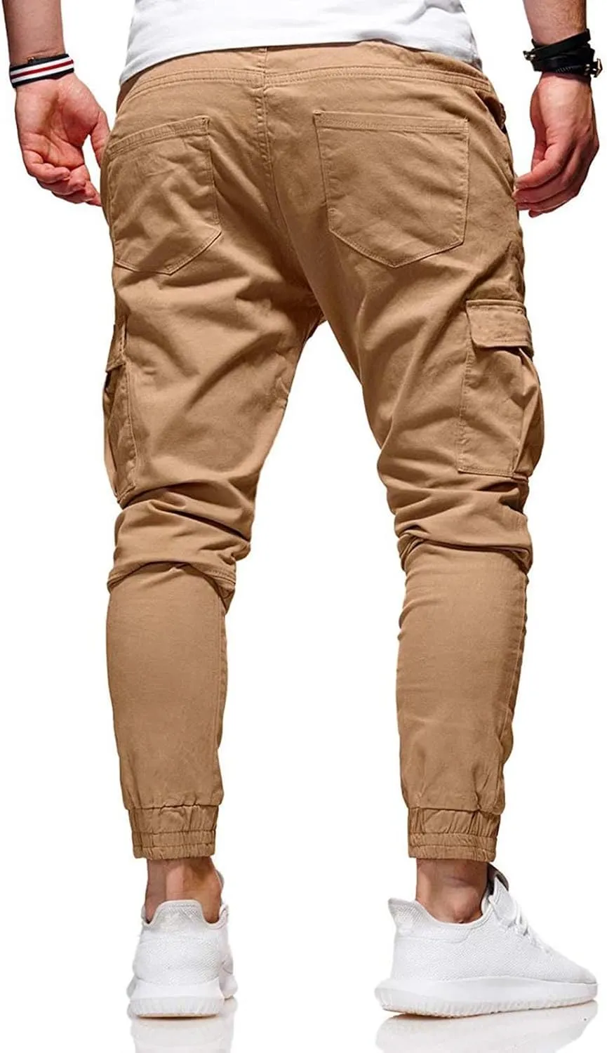 Cargo Pants for Men Drawstring Elastic Waist Casual Sweatpants Slim Fit Athletic Joggers Pants Outdoor Sports Trousers