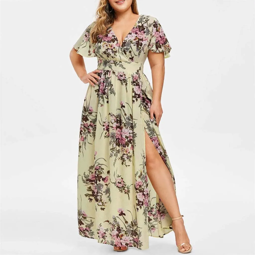 Casual Summer Dresses for Women 2025,Womens Plus Size Wedding Guest Dress Short Sleeve Floral Printed Maxi Dresses