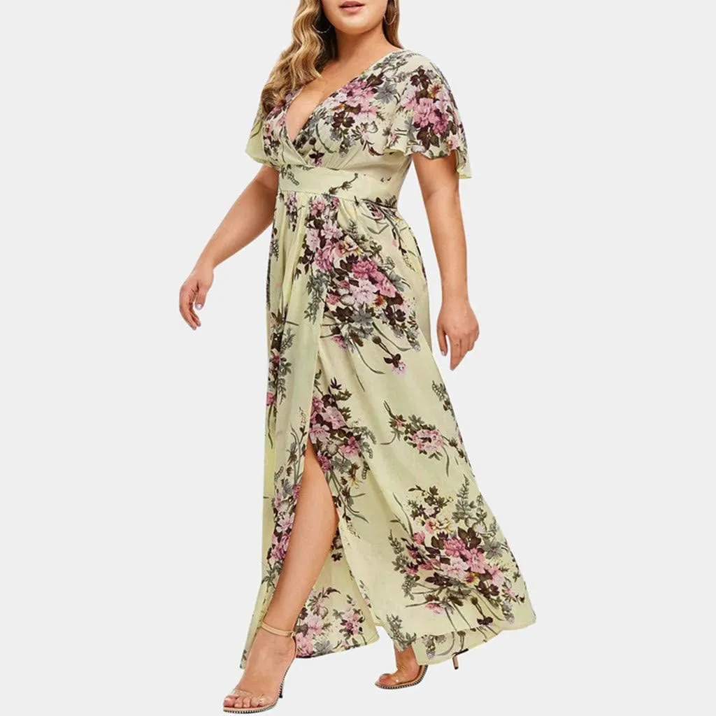 Casual Summer Dresses for Women 2025,Womens Plus Size Wedding Guest Dress Short Sleeve Floral Printed Maxi Dresses