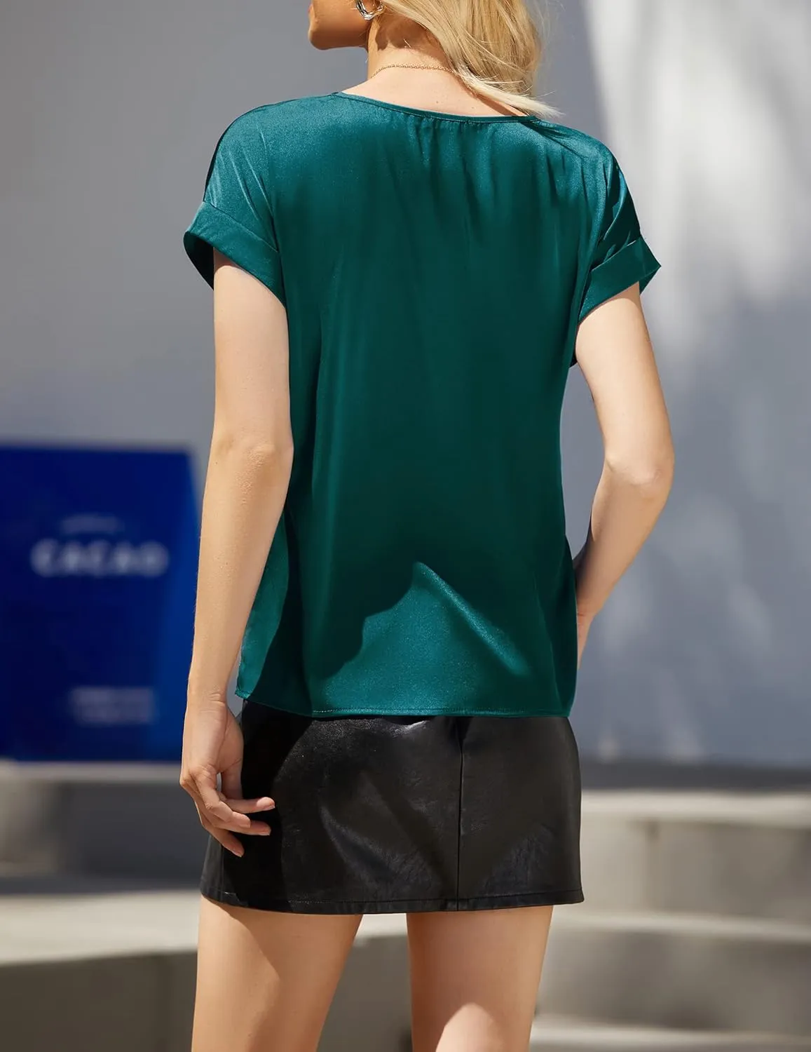 Chigant Women's Short Sleeve Satin Blouses Casual Loose Crewneck Silk Shirts Roll Up Sleeve Tunic Tops S-XXL