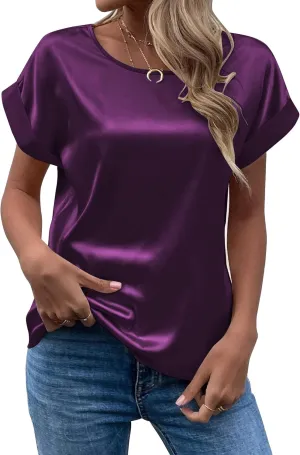 Chigant Women's Short Sleeve Satin Blouses Casual Loose Crewneck Silk Shirts Roll Up Sleeve Tunic Tops S-XXL