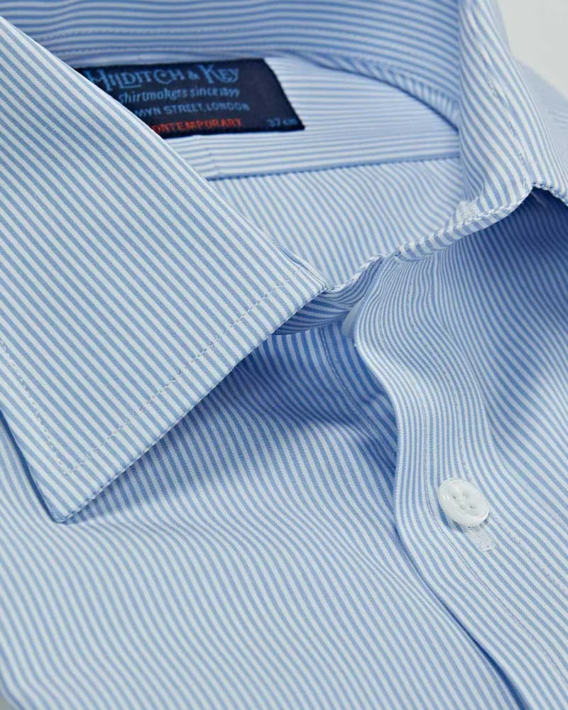 Contemporary Fit Blue Fine Bengal Stripe Cotton Shirt with Classic Collar & Two Button Cuff