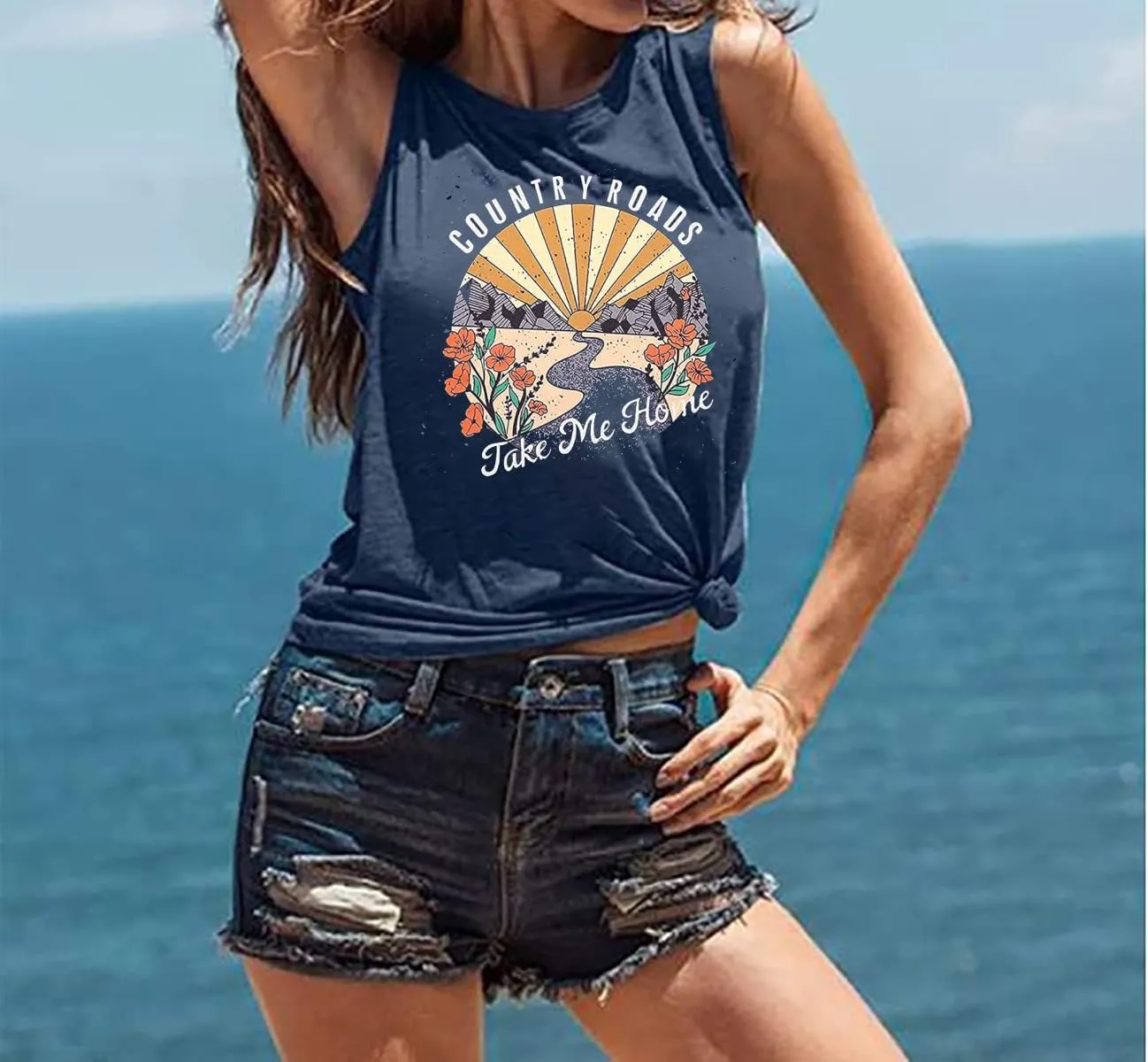 Country Roads Take Me Home Floral Tank Top for Women Hiking Mountain Sleeveless T Shirt Tees Camping Vest