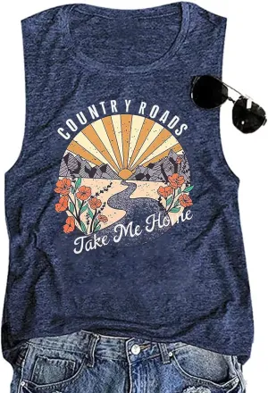 Country Roads Take Me Home Floral Tank Top for Women Hiking Mountain Sleeveless T Shirt Tees Camping Vest