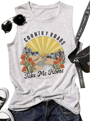 Country Roads Take Me Home Floral Tank Top for Women Hiking Mountain Sleeveless T Shirt Tees Camping Vest