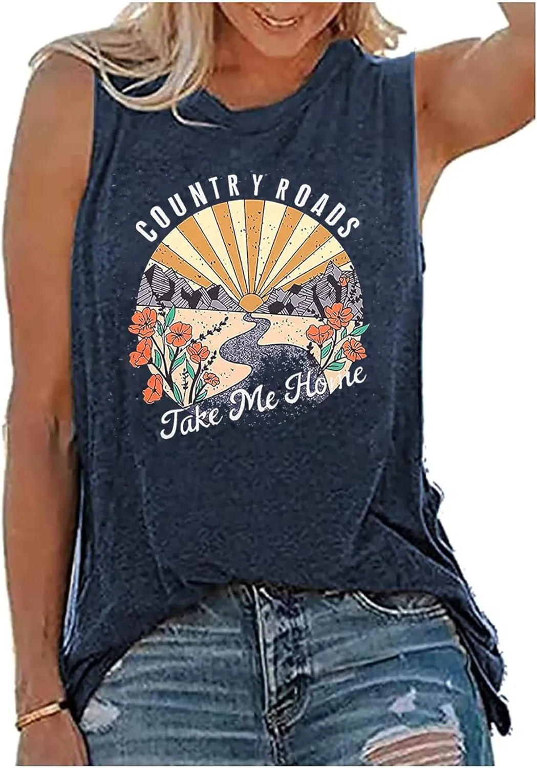 Country Roads Take Me Home Floral Tank Top for Women Hiking Mountain Sleeveless T Shirt Tees Camping Vest