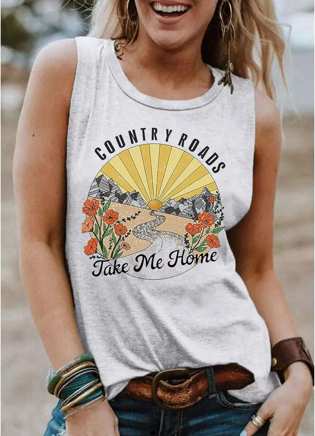 Country Roads Take Me Home Floral Tank Top for Women Hiking Mountain Sleeveless T Shirt Tees Camping Vest