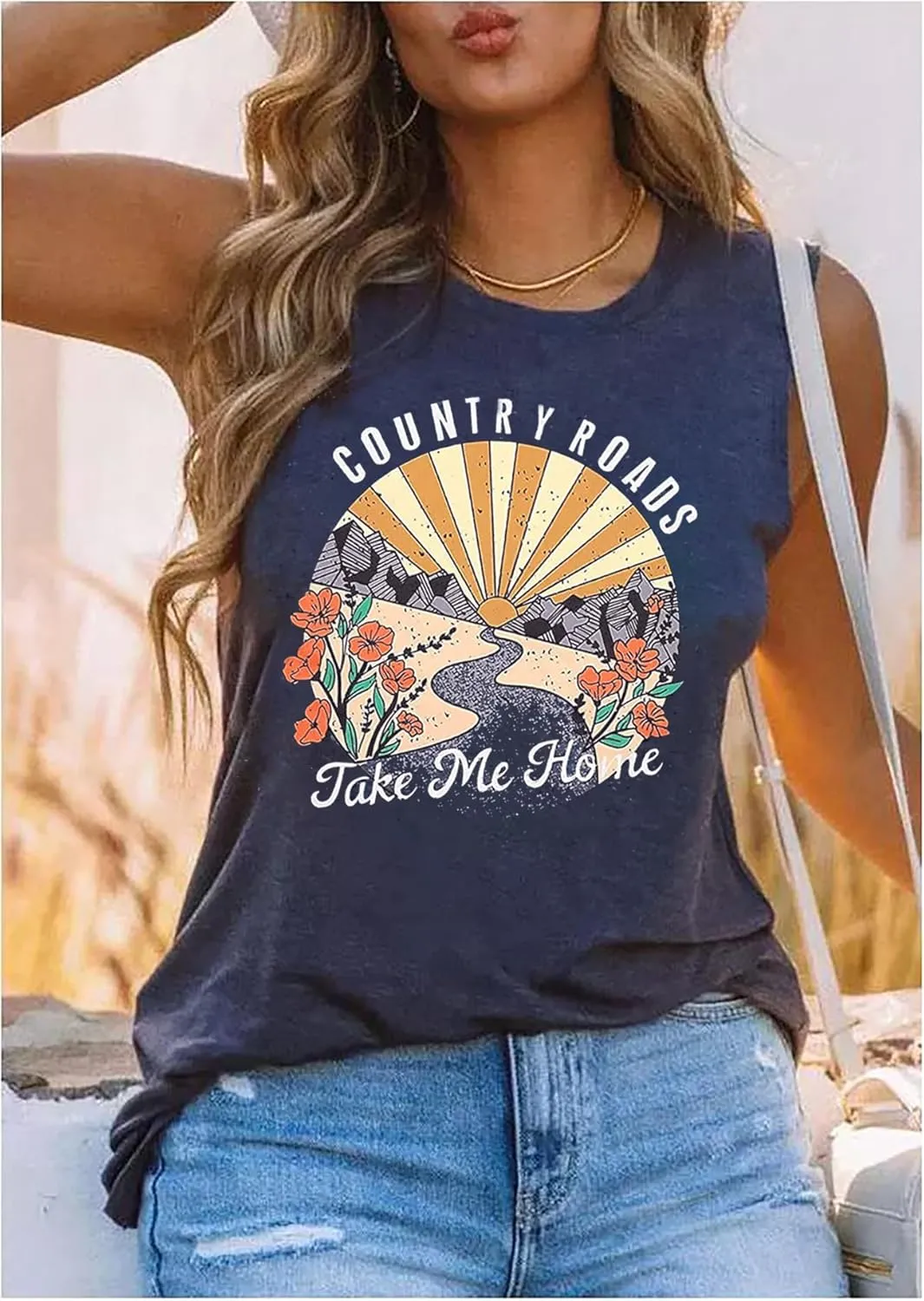 Country Roads Take Me Home Floral Tank Top for Women Hiking Mountain Sleeveless T Shirt Tees Camping Vest