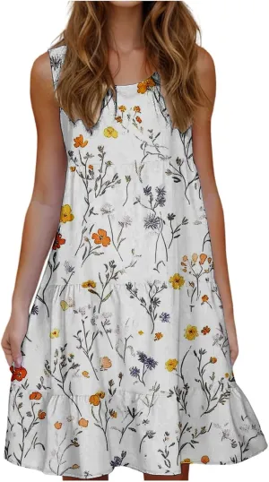DDAPJ pyju Summer Dresses for Women 2025 Cute Floral Print Sleeveless Tank Dress Ruffle Tiered Loose Flowy Mini Dress