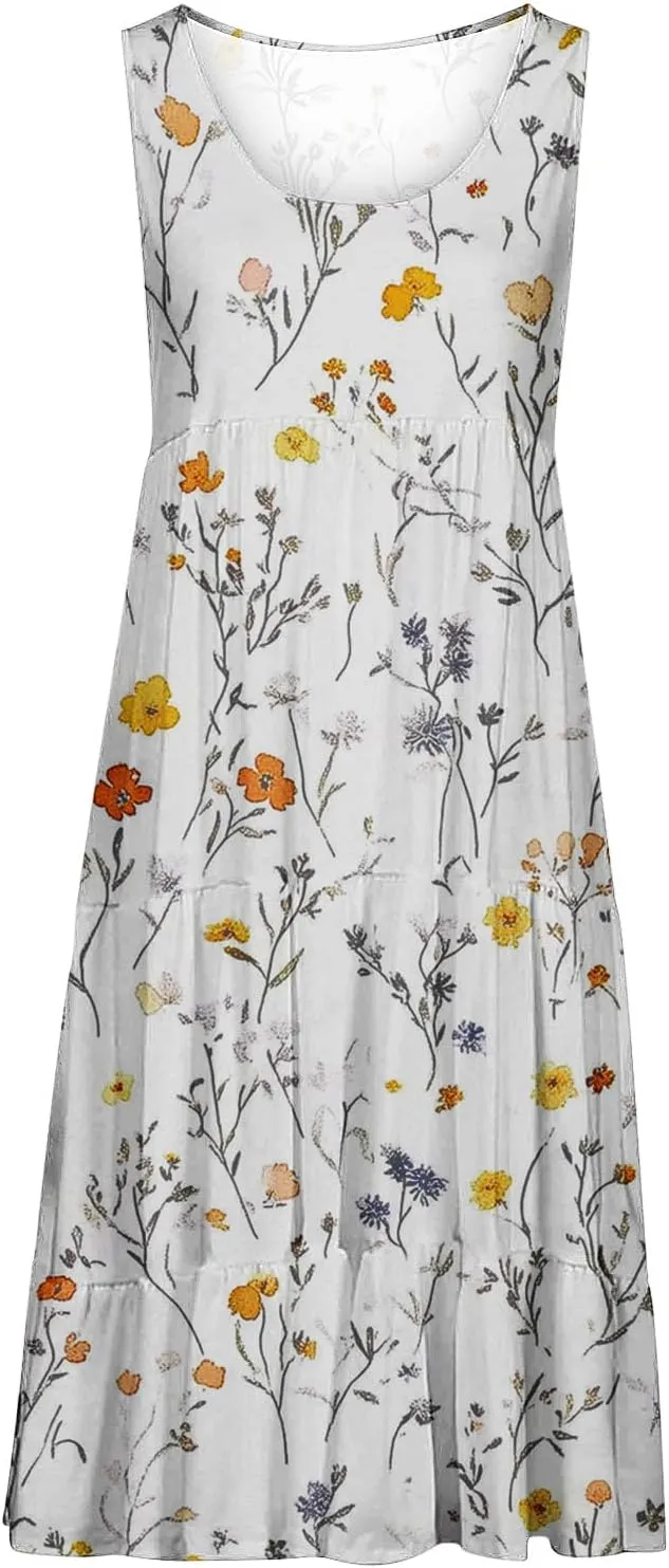 DDAPJ pyju Summer Dresses for Women 2025 Cute Floral Print Sleeveless Tank Dress Ruffle Tiered Loose Flowy Mini Dress