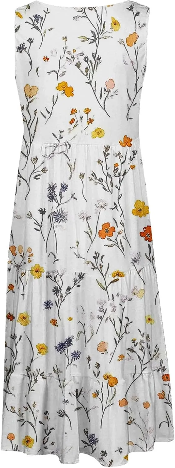 DDAPJ pyju Summer Dresses for Women 2025 Cute Floral Print Sleeveless Tank Dress Ruffle Tiered Loose Flowy Mini Dress