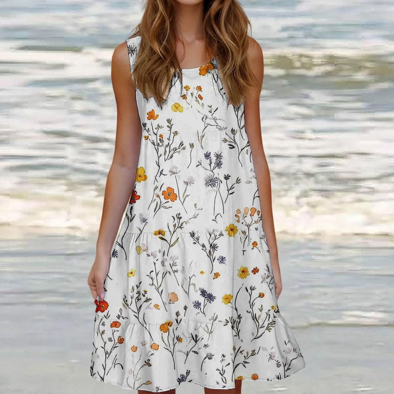 DDAPJ pyju Summer Dresses for Women 2025 Cute Floral Print Sleeveless Tank Dress Ruffle Tiered Loose Flowy Mini Dress
