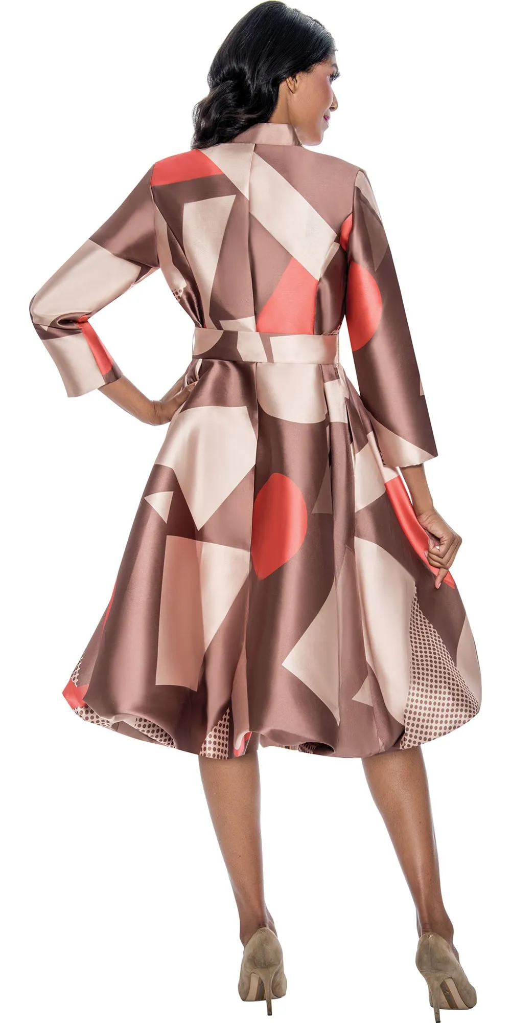 Dresses by Nubiano 12251 - Brown Orange - Belted Zip-front Print Twill Dress