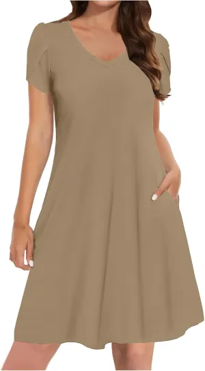 Dresses for Women 2025 Boho Vacation Beach Dress V Neck A Line Dress Loose Flowy Petal Sleeve Midi Dress with Pockets